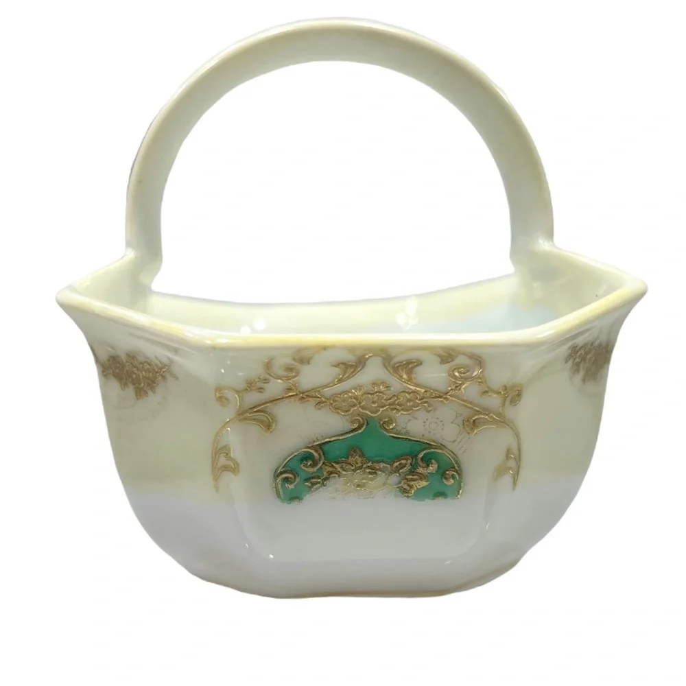 NORITAKE GREEN/GOLD/YELLOW HAND PAINTED PORCELAIN CERAMIC MINI BASKET